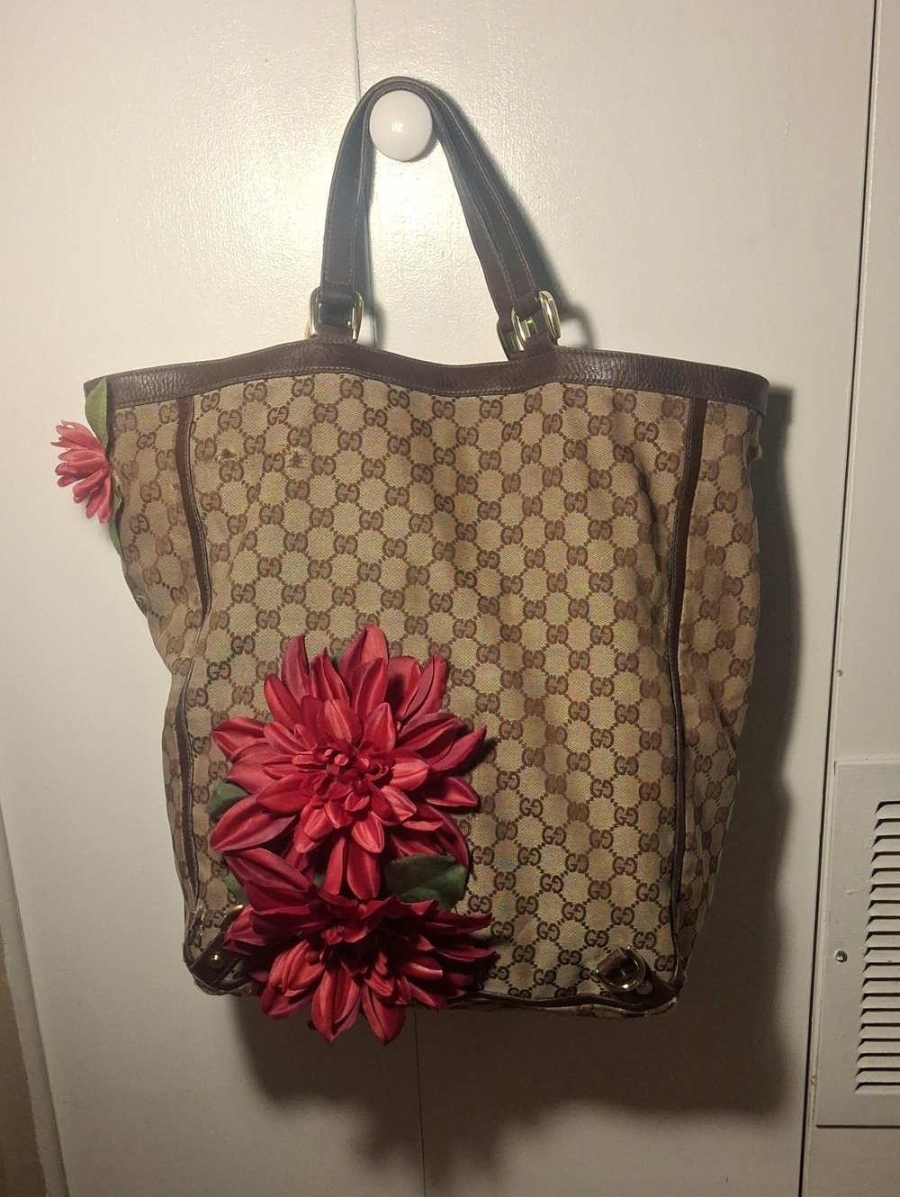 Gucci Upcycle Logo Canvas Tote with Red Floral Accents